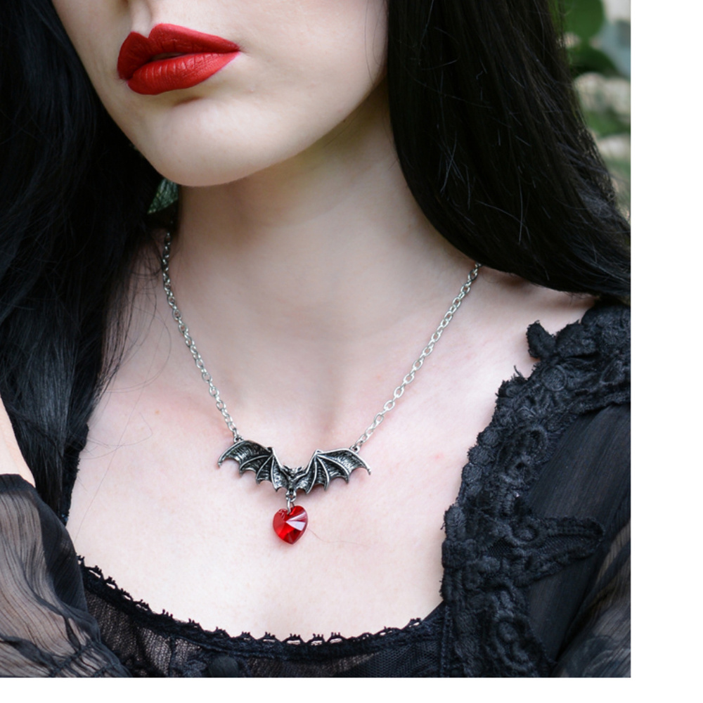 Vampire Bat Necklace Pendant Pewter Red Crystal